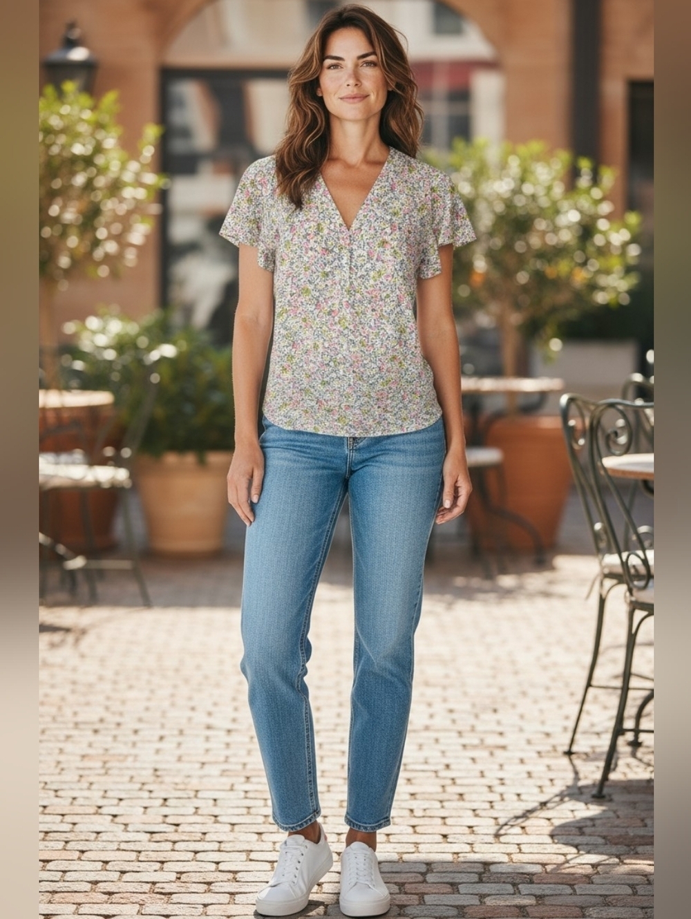 Caslon Nordstrom Floral V-Neck Short Sleeve Blouse XS